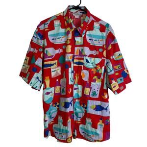 Bullock & Jones Shirt Mens 2XL Red Short Sleeve Button Up Hawaiian Nautical Fish